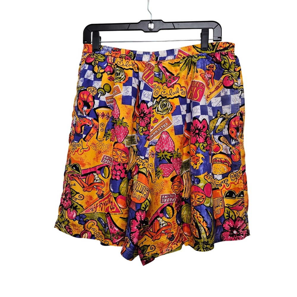 Kriss Kross Silk Shorts Womens Medium Multicolor Vintage Novelty Beach Print 90s